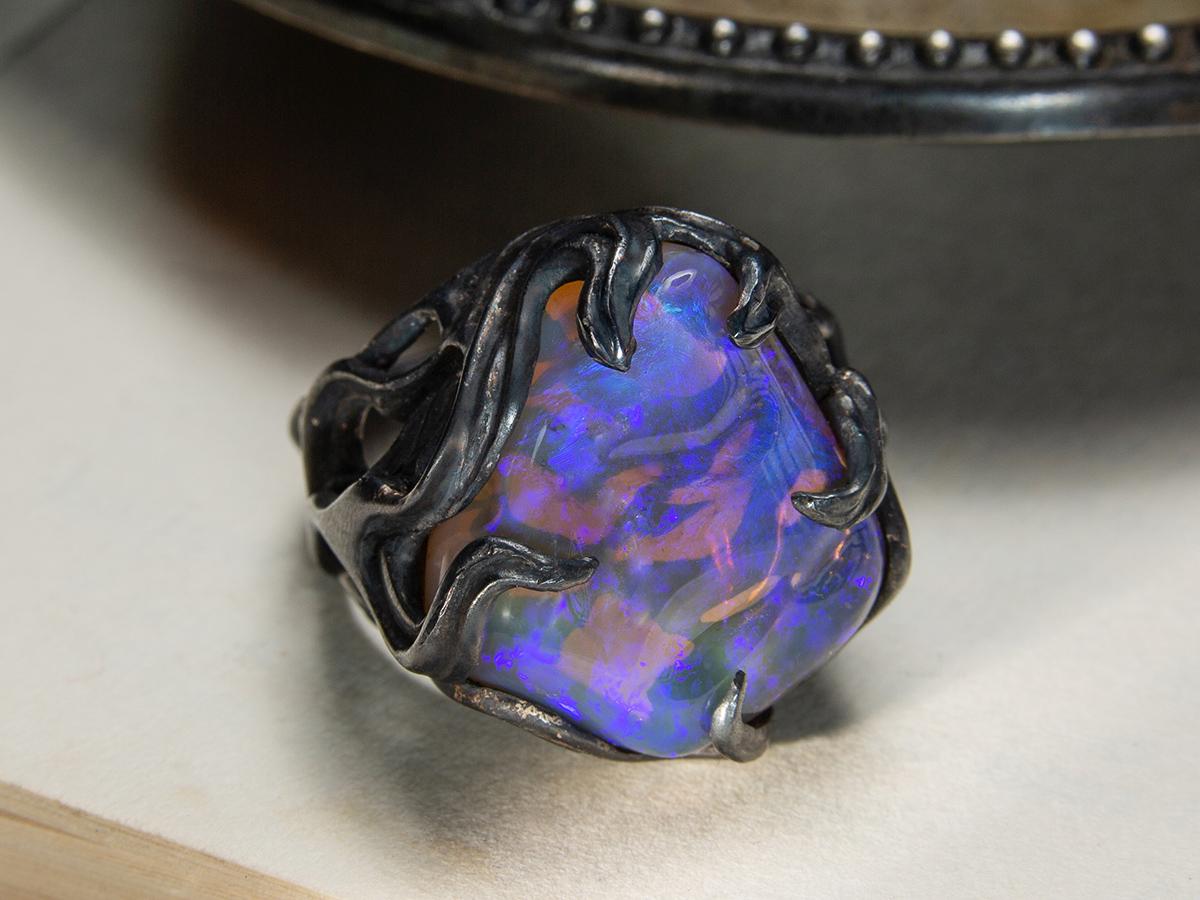 Women's or Men's Large Neon Opal Ring in Patinated Silver Art Nouveau Style Magic  For Sale