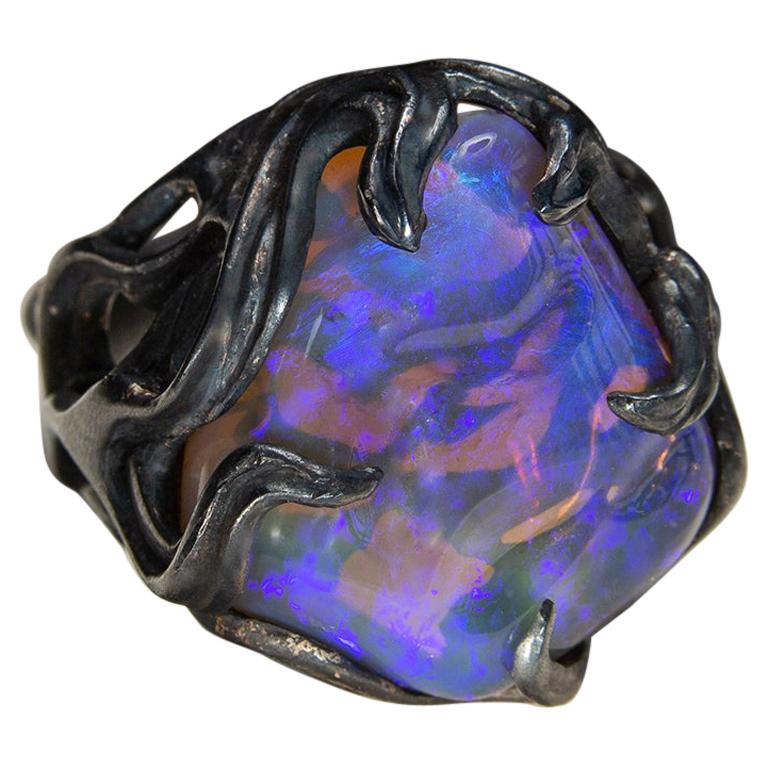 Large Neon Opal Ring in Patinated Silver Art Nouveau Style Magic  For Sale