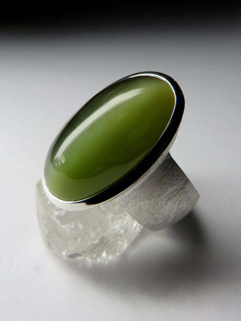 Artisan Big Nephrite Cat's Eye Scratched Silver Ring Yellowish Green Jade Gemstone For Sale