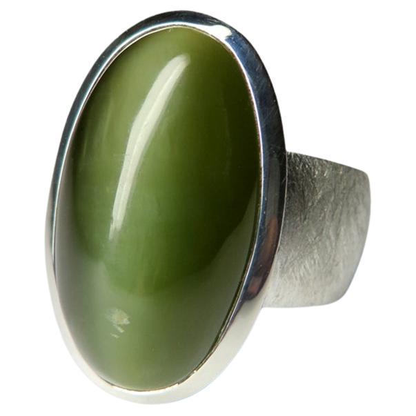 Big Nephrite Cat's Eye Scratched Silver Ring Yellowish Green Jade Gemstone For Sale