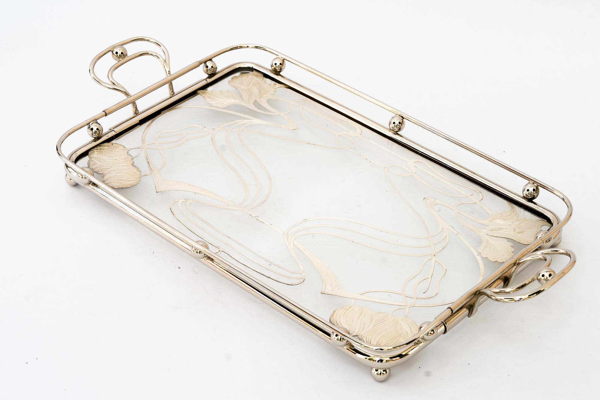 Big Art deco Serving plate with floral nickel plated motiv vienna around 1920s
The silvered flower is between 2 glass plates

