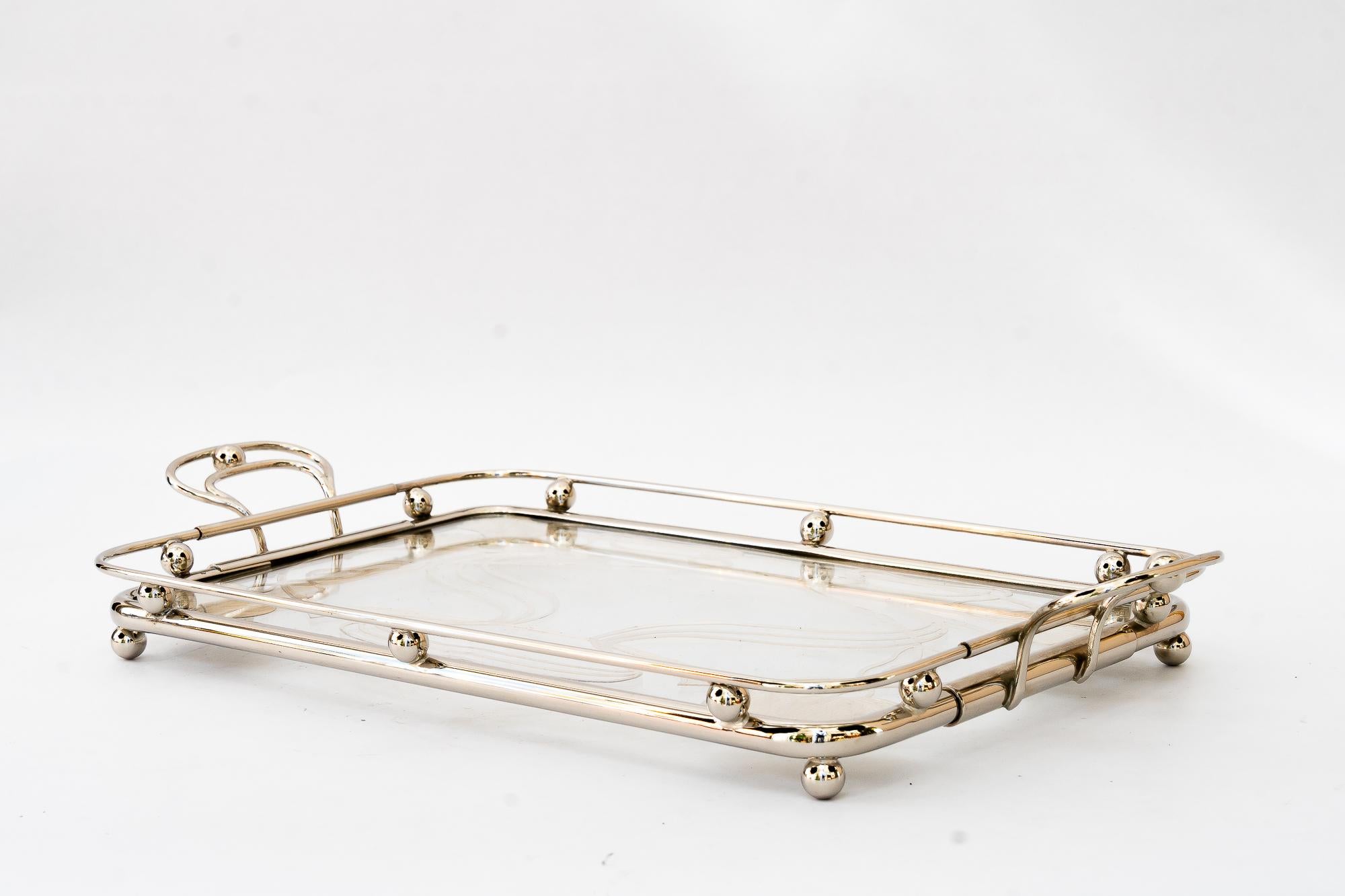 Art Deco Big nickel plated Art deco Serving plate with floral motiv vienna around 1920s For Sale