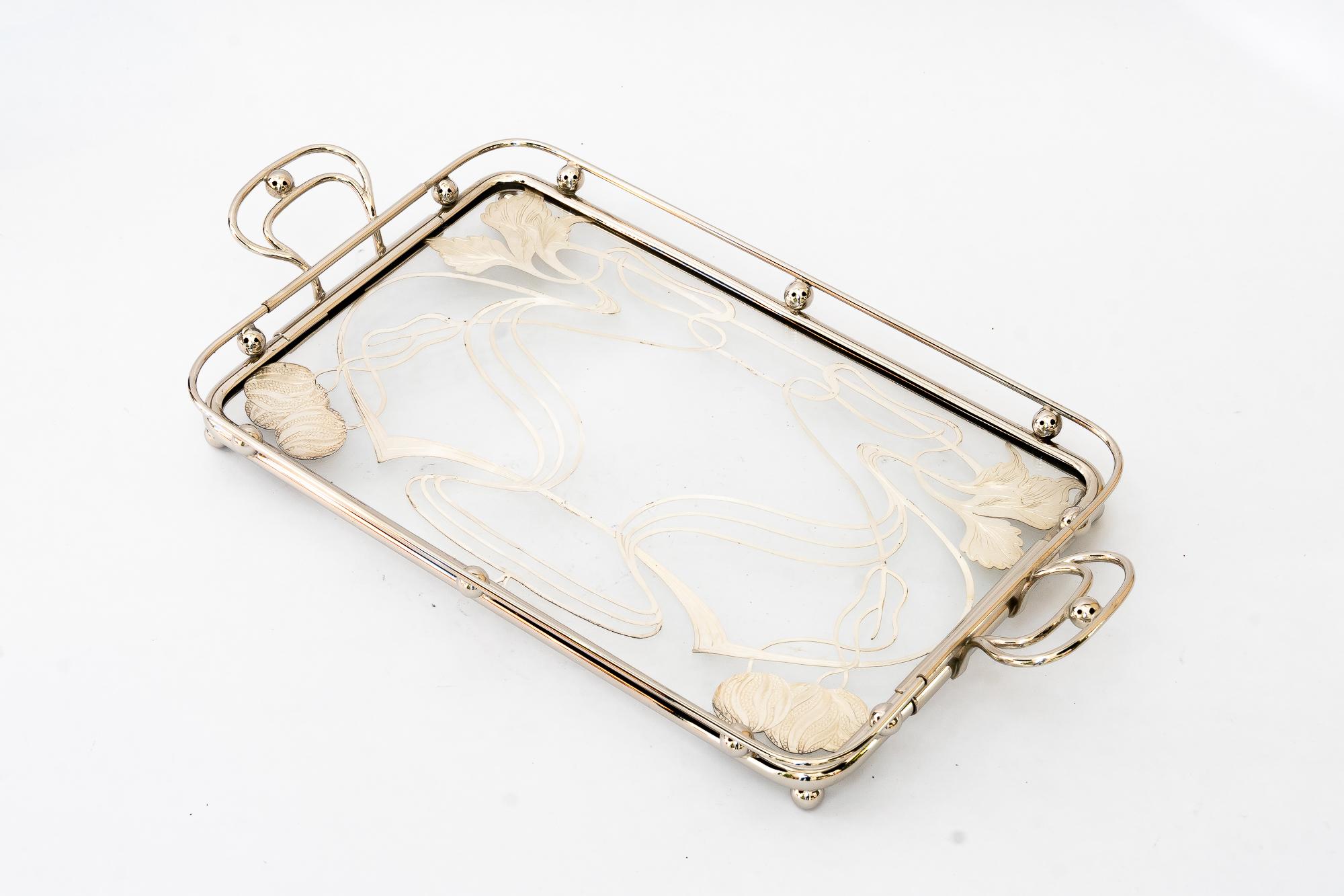 Austrian Big nickel plated Art deco Serving plate with floral motiv vienna around 1920s For Sale