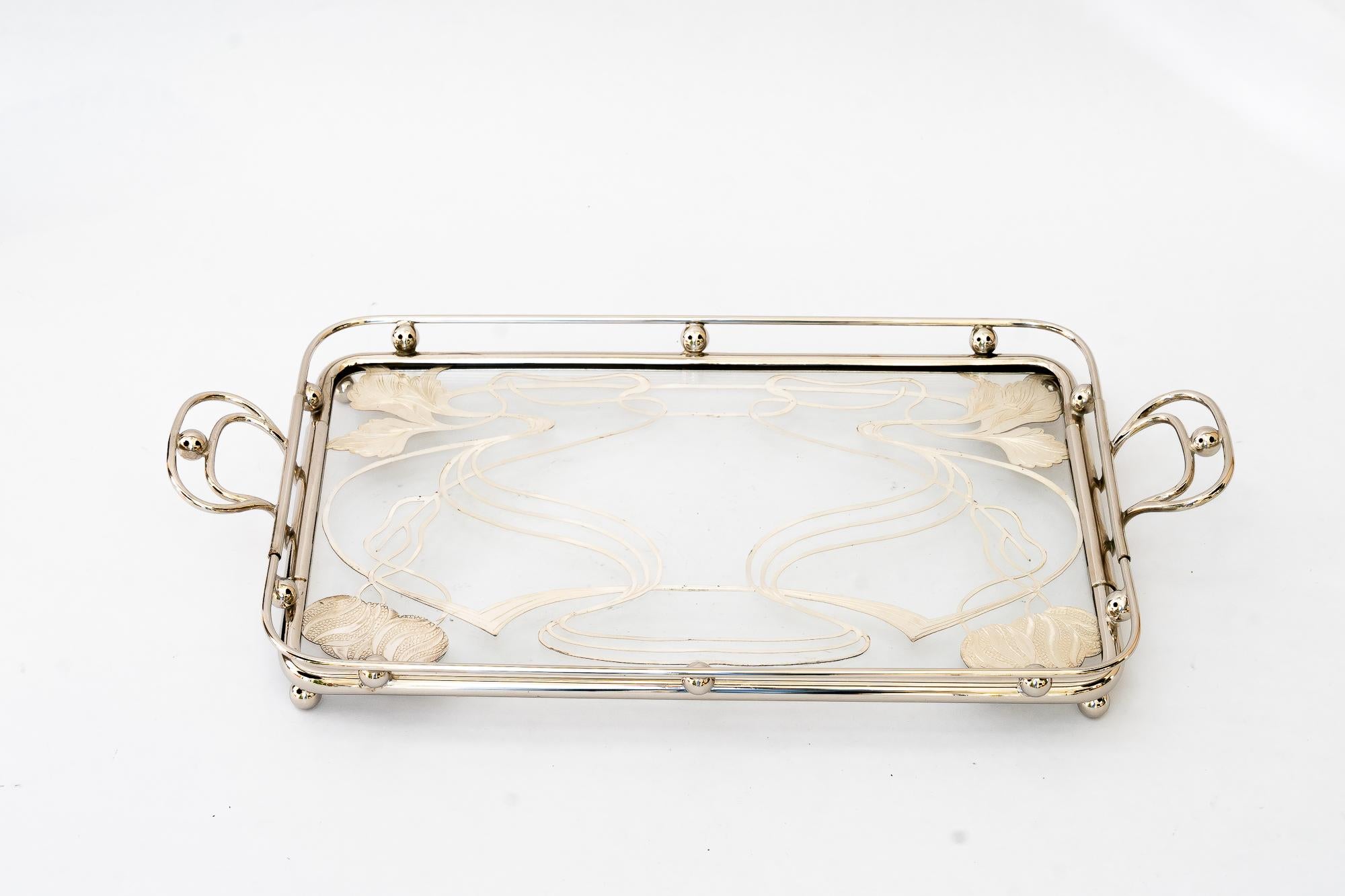 Plated Big nickel plated Art deco Serving plate with floral motiv vienna around 1920s For Sale