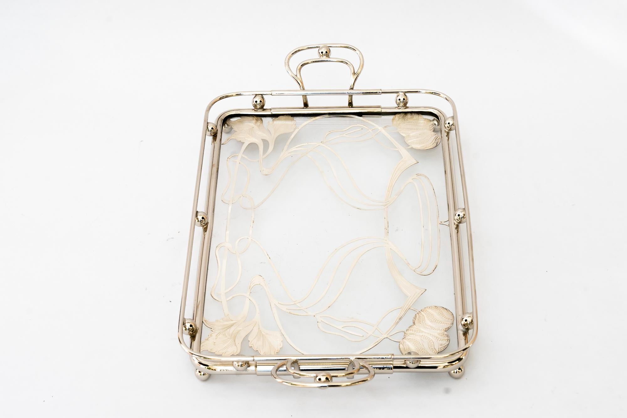 Early 20th Century Big nickel plated Art deco Serving plate with floral motiv vienna around 1920s For Sale