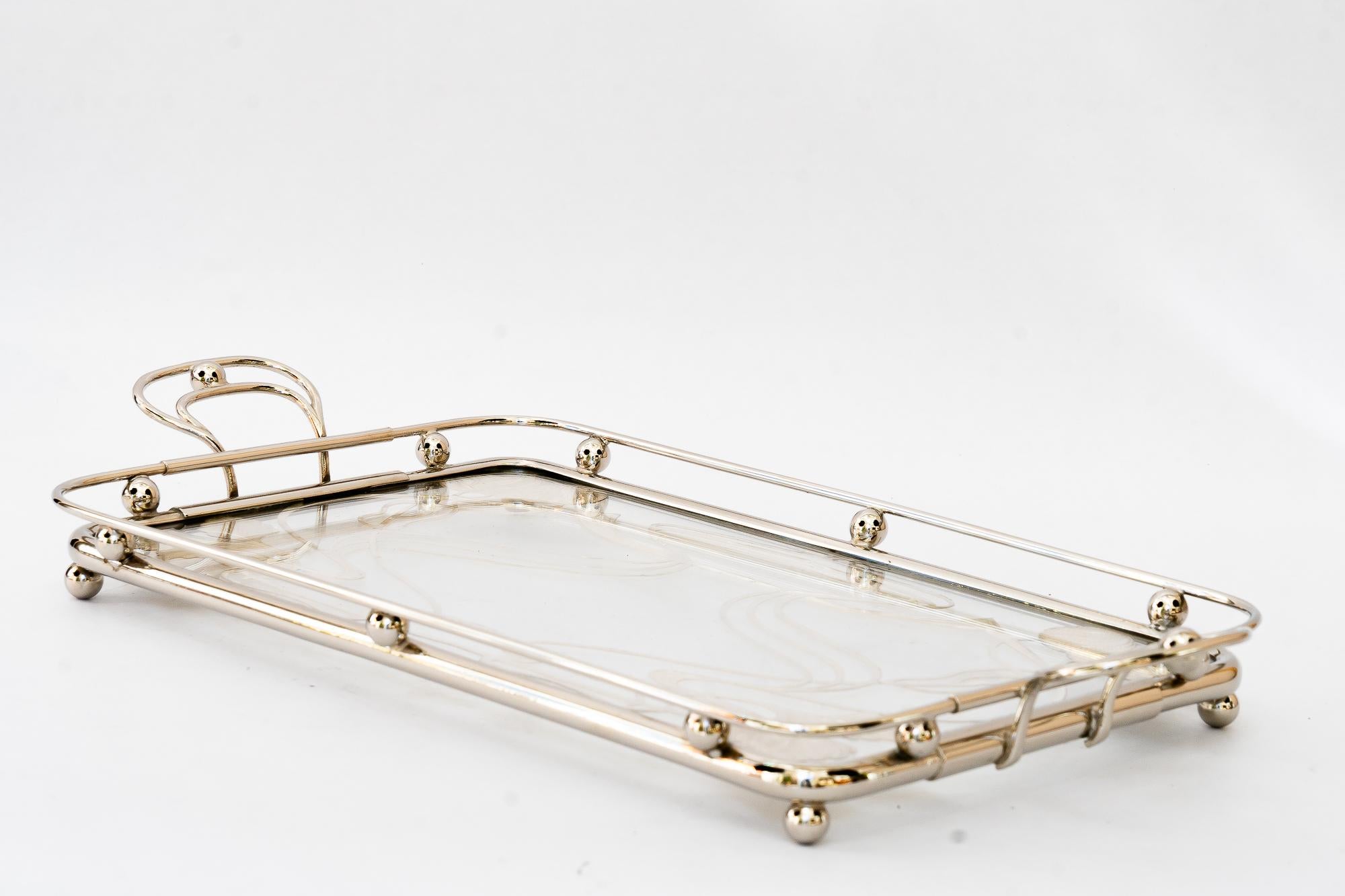 Glass Big nickel plated Art deco Serving plate with floral motiv vienna around 1920s For Sale