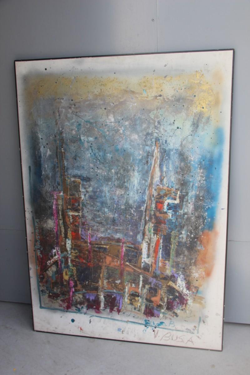 Pittura Grande olio su tela degli anni '60, firmato v, Busa Disegno astratto colorato italiano in vendita