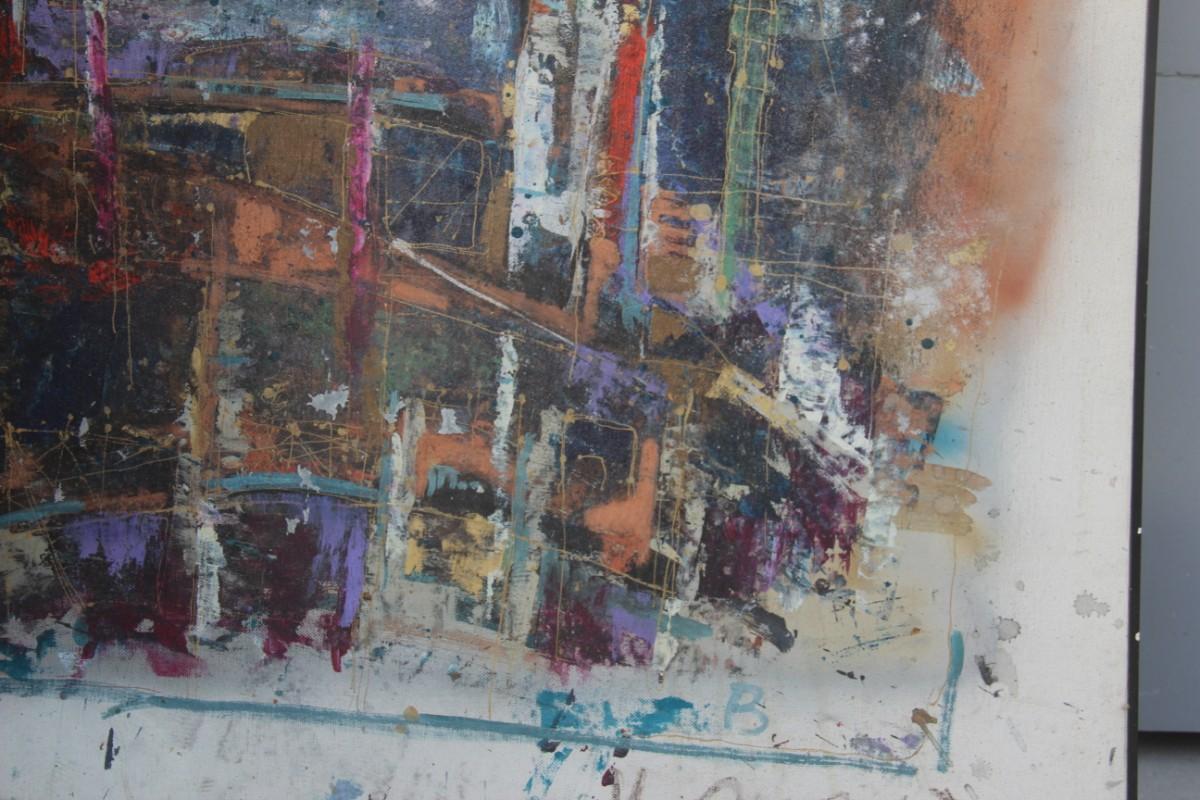 Grande olio su tela degli anni '60, firmato v, Busa Disegno astratto colorato italiano in vendita 1
