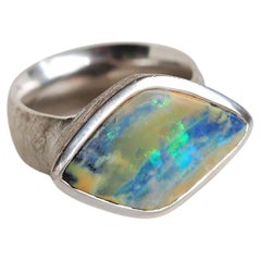 Big Opal Silver Ring Bicolor Blue Yellow Australian Mens Jewelry Harry Styles