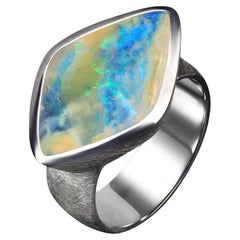 Big Opal Silver Ring Bicolor Blue Yellow Australian Unisex Jewelry