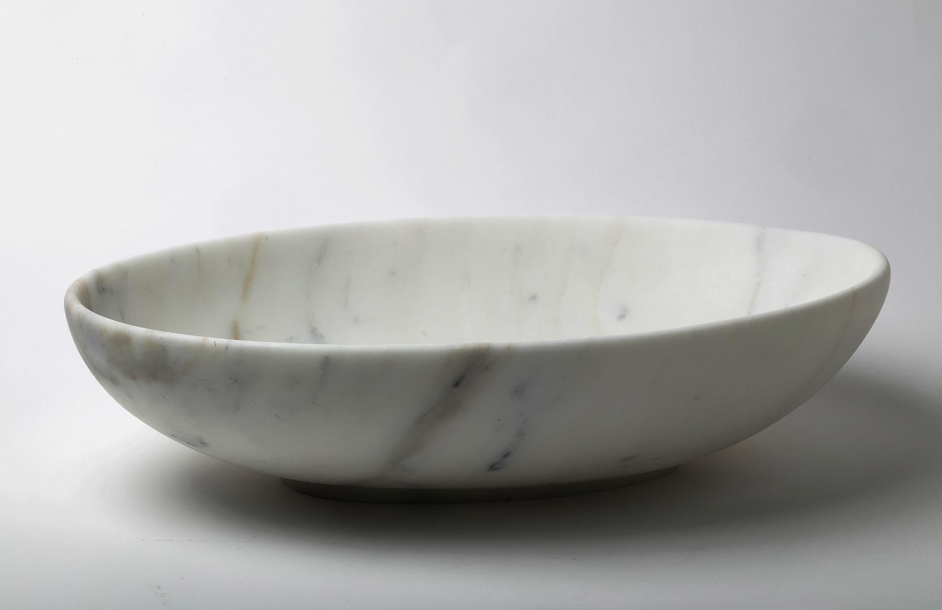 Italian Big Oval Bowl in White Carrara Marble Handcrafted in Italy
