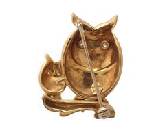 Big Owl / Little Owl Diamond and Enamel Pin in 18 Karat Yellow Gold