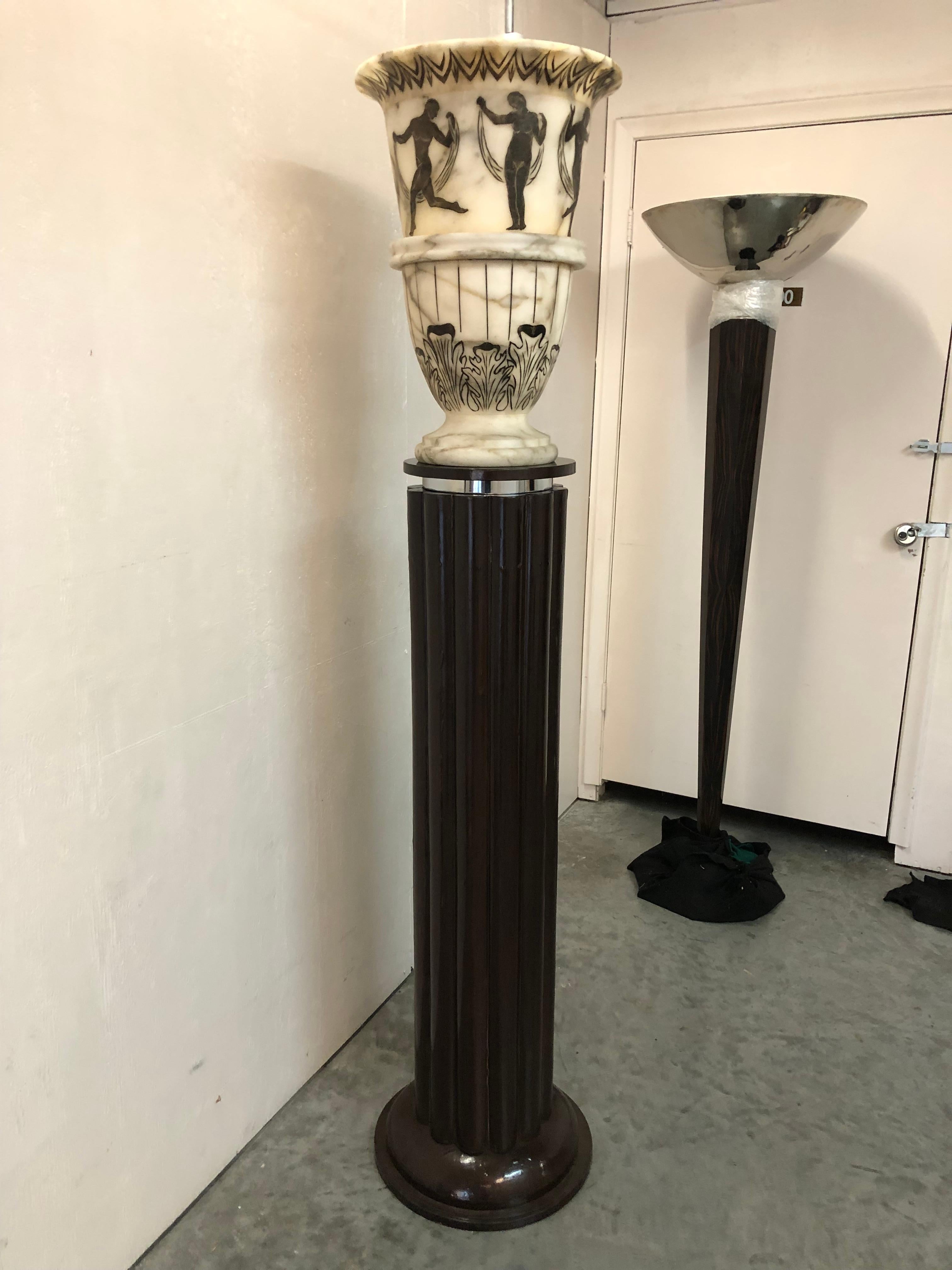 Big Pair of Art Deco Floor Lamps, France, Materials: Wood and Alabaster, 1930 For Sale 8