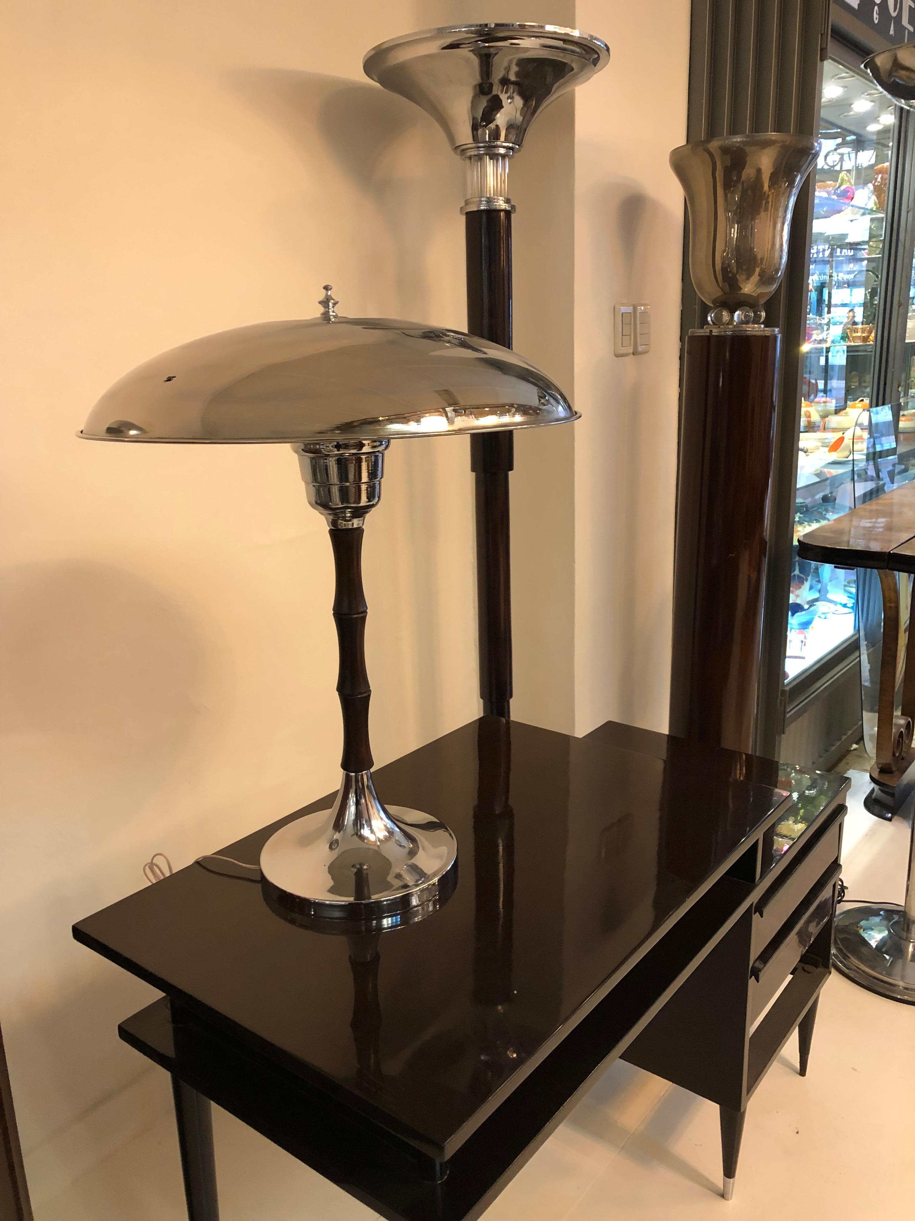 Big Pair of Art Deco Lamp in Chrome and Wood, France, 1930 For Sale 5