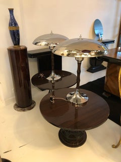 Big Pair of Art Deco Lamp in Chrome and Wood, France, 1930