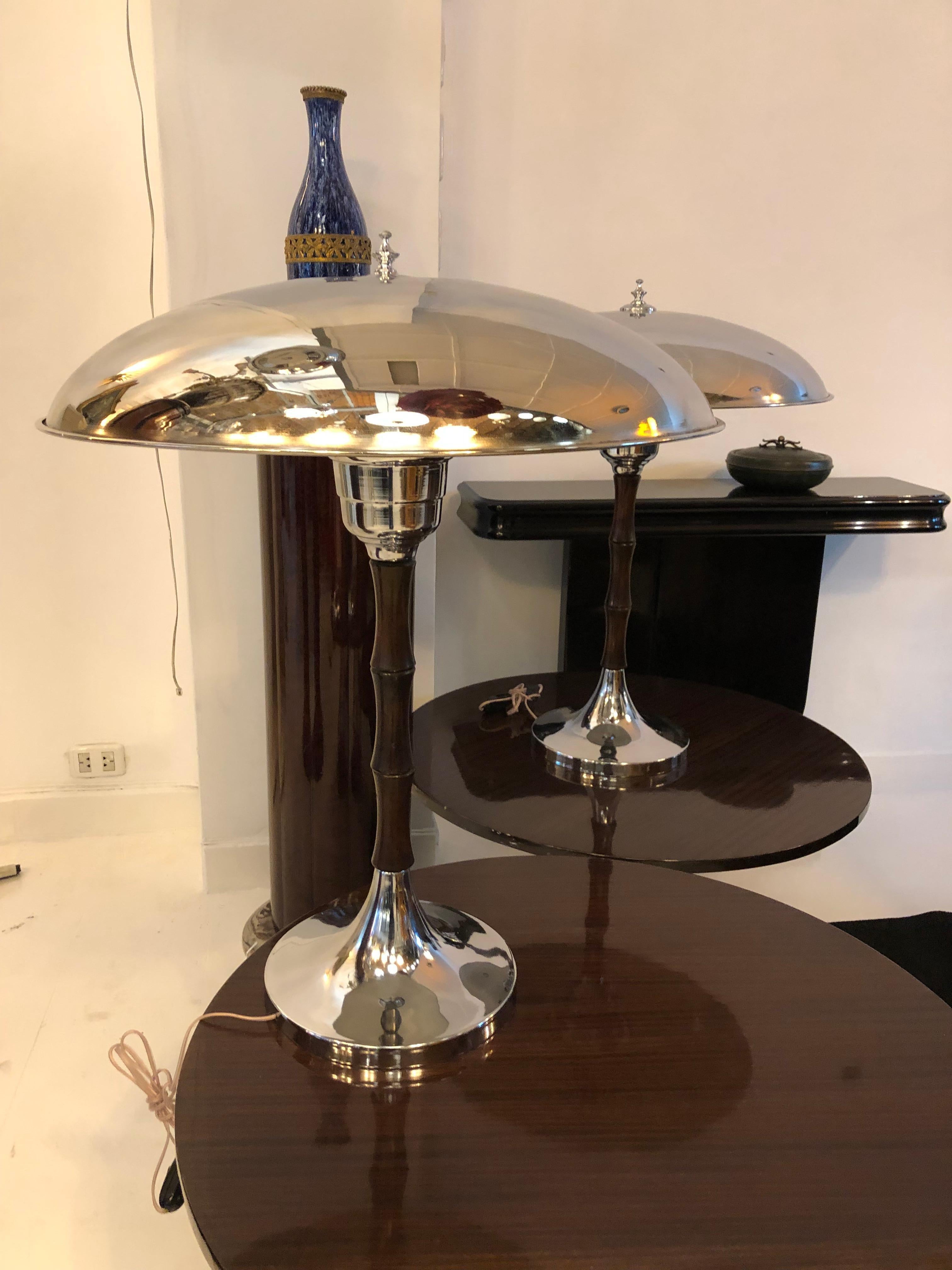 Mid-20th Century Big Pair of Art Deco Lamp in Chrome and Wood, France, 1930 For Sale