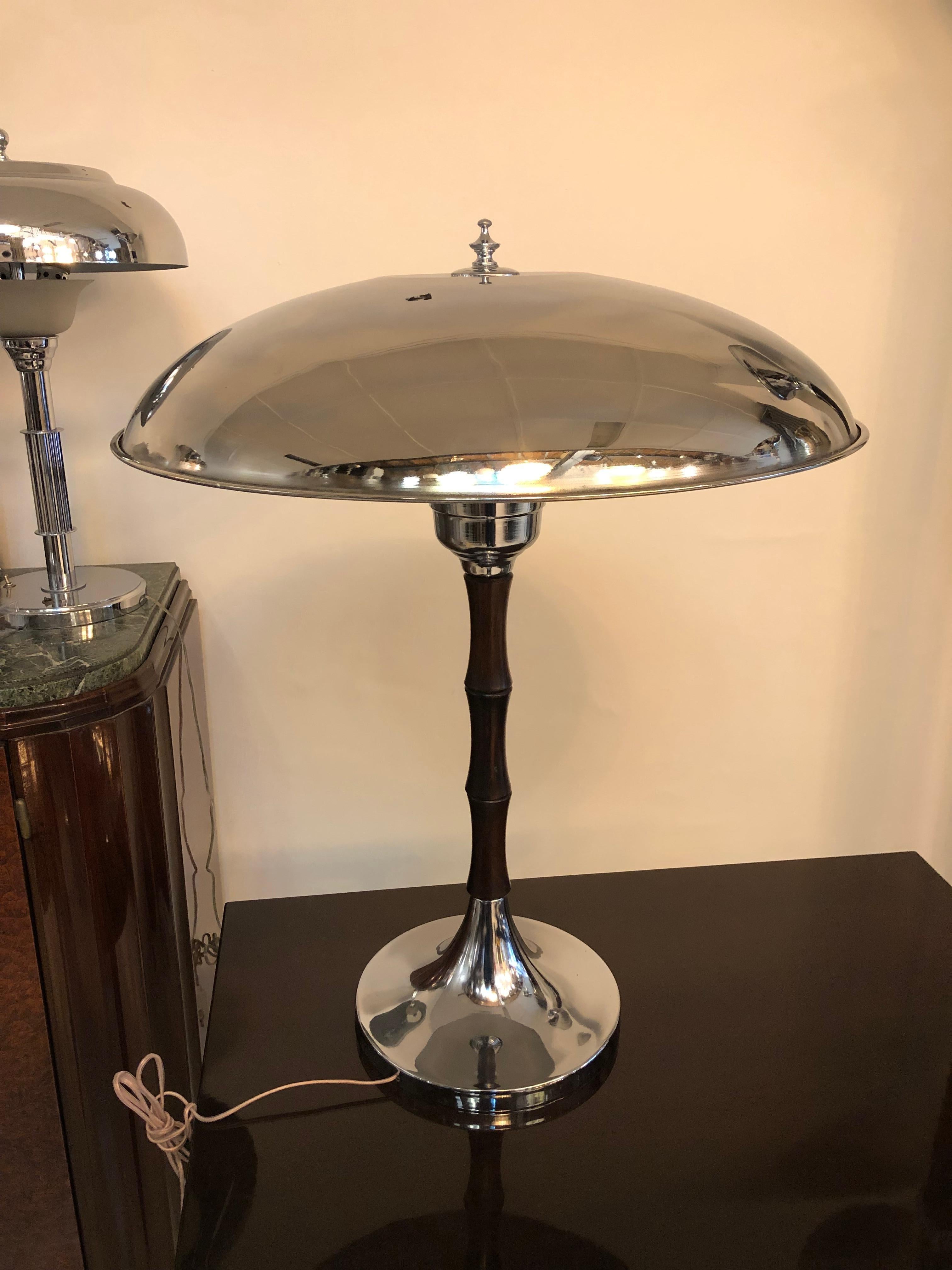 Big Pair of Art Deco Lamp in Chrome and Wood, France, 1930 For Sale 2