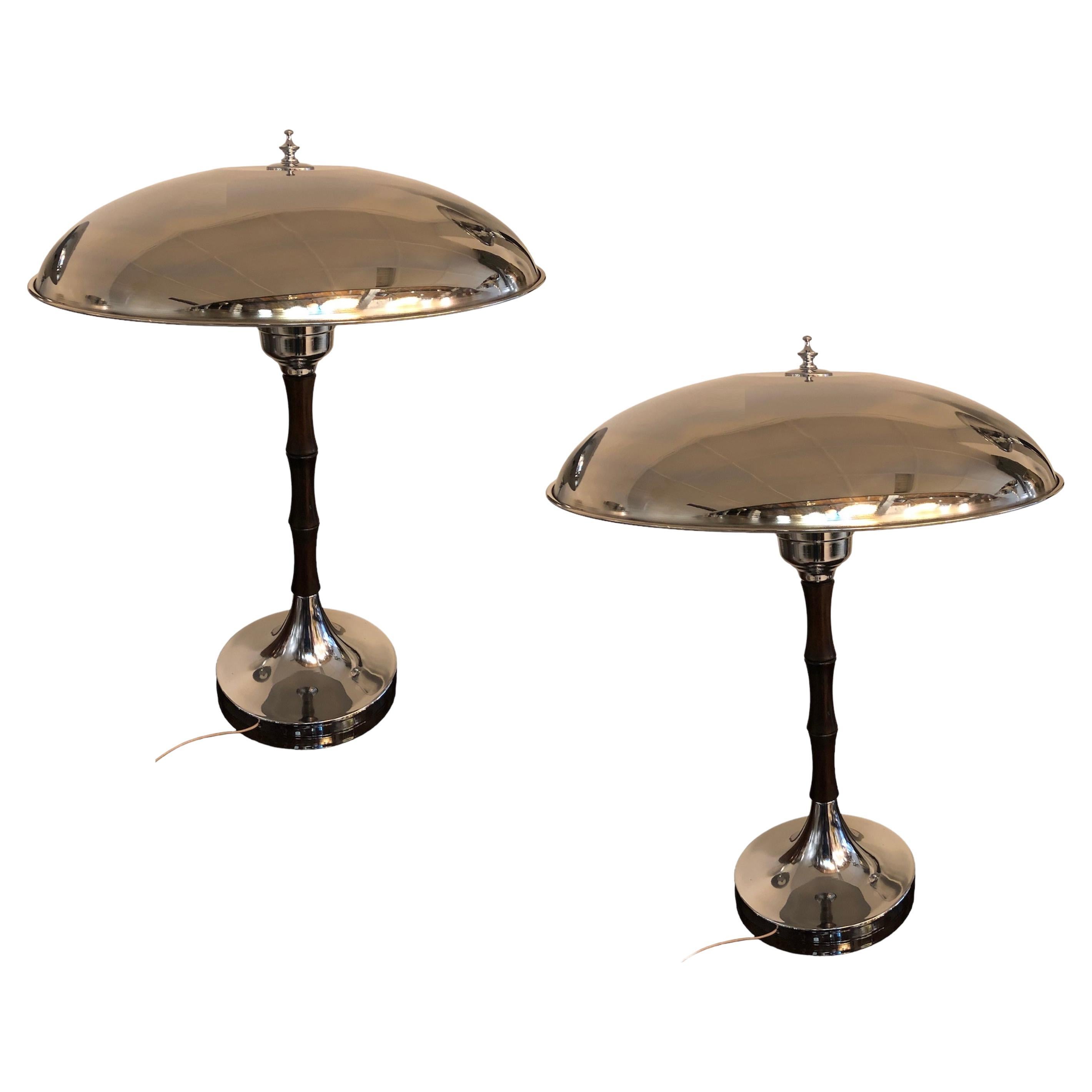 Big Pair of Art Deco Lamp in Chrome and Wood, France, 1930