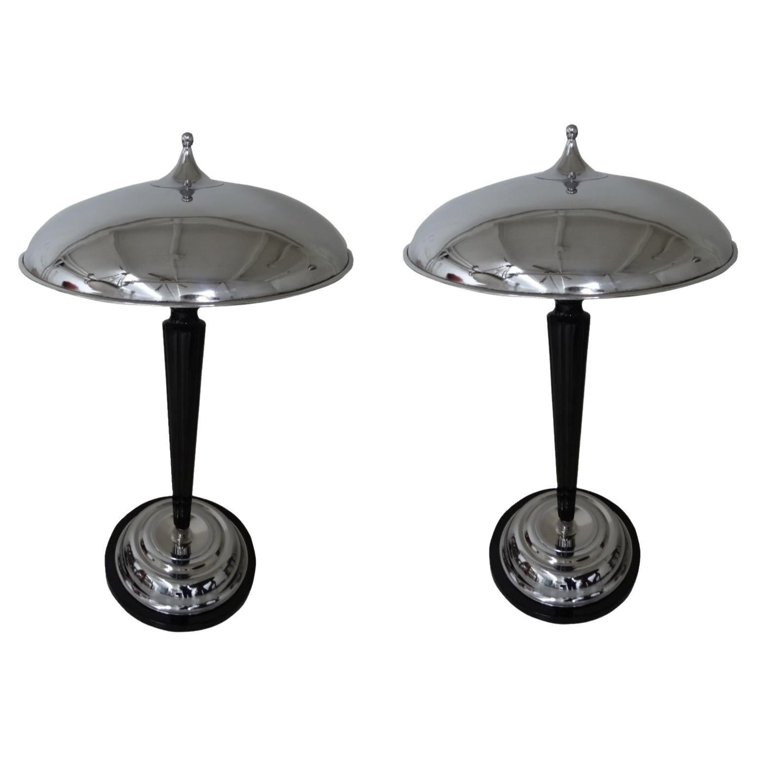 Big Pair of Art Deco Lamps in wood and chrome, 1930, France For Sale