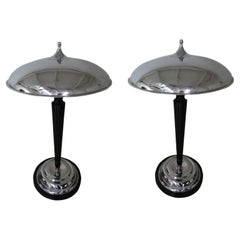 Big Pair of Art Deco Lamps in wood and chrome, 1930, France