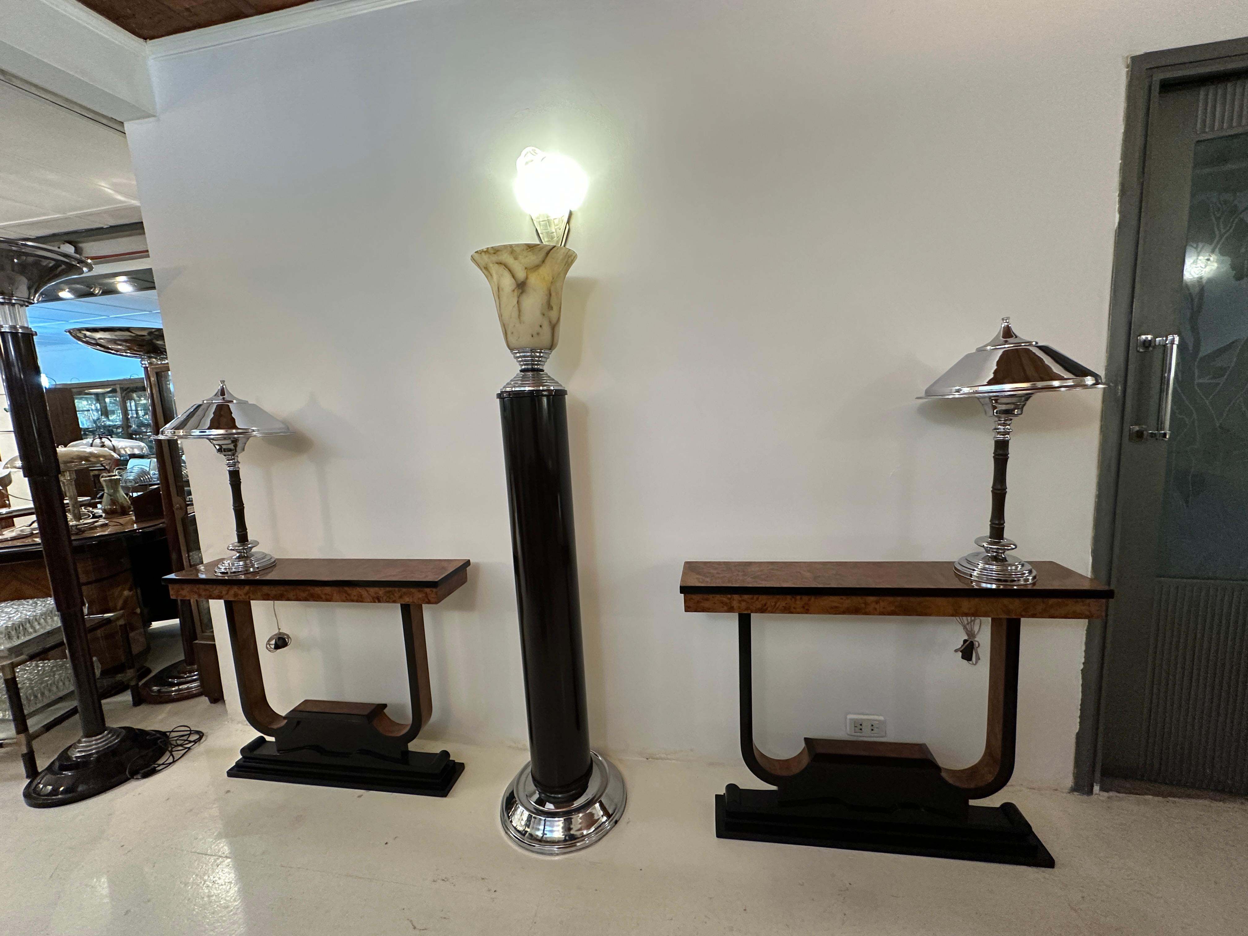 Grande coppia di lampade da tavolo Art Deco in legno e cromo, Francia in vendita 6