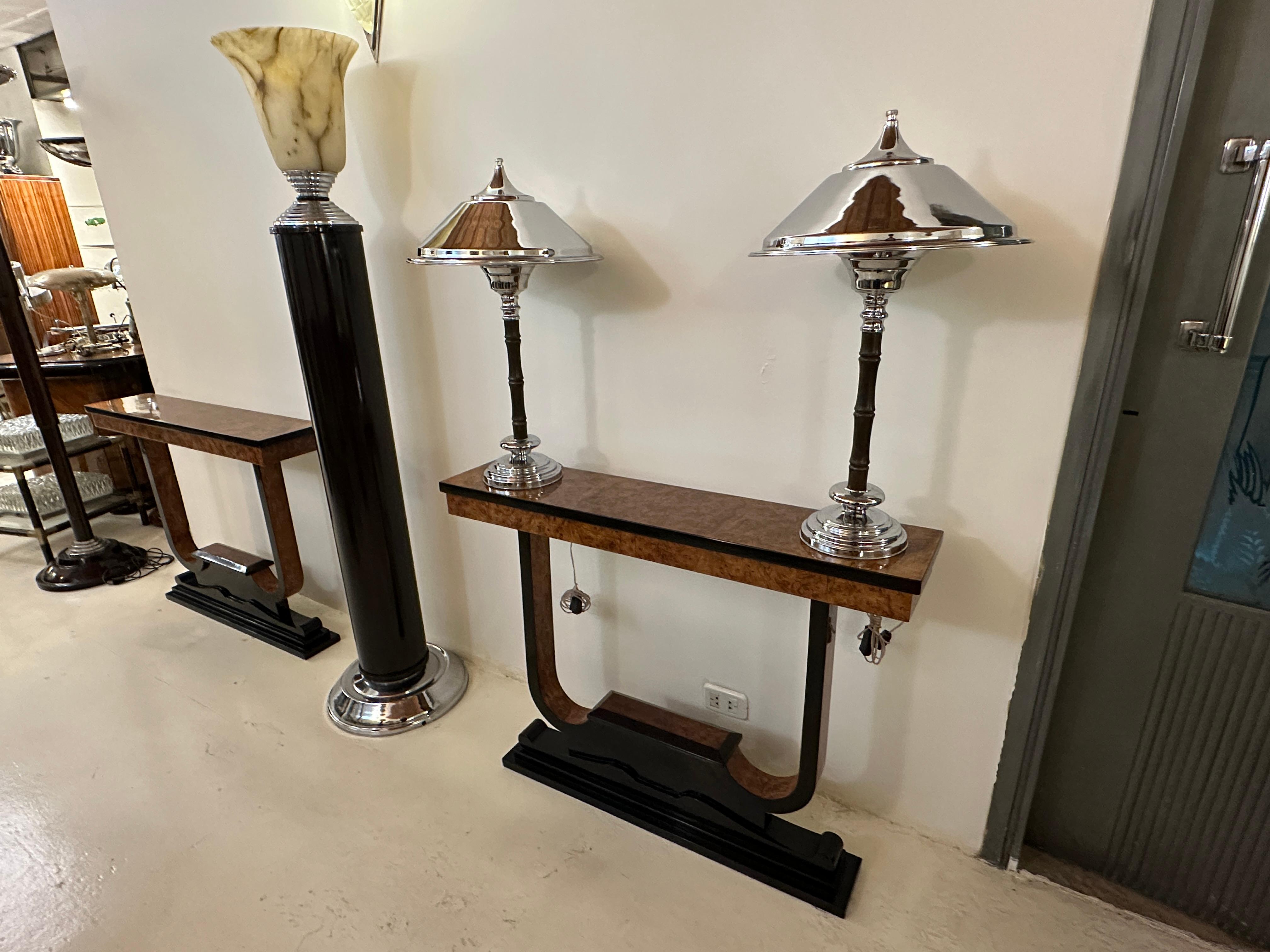 Grande coppia di lampade da tavolo Art Deco in legno e cromo, Francia in vendita 8