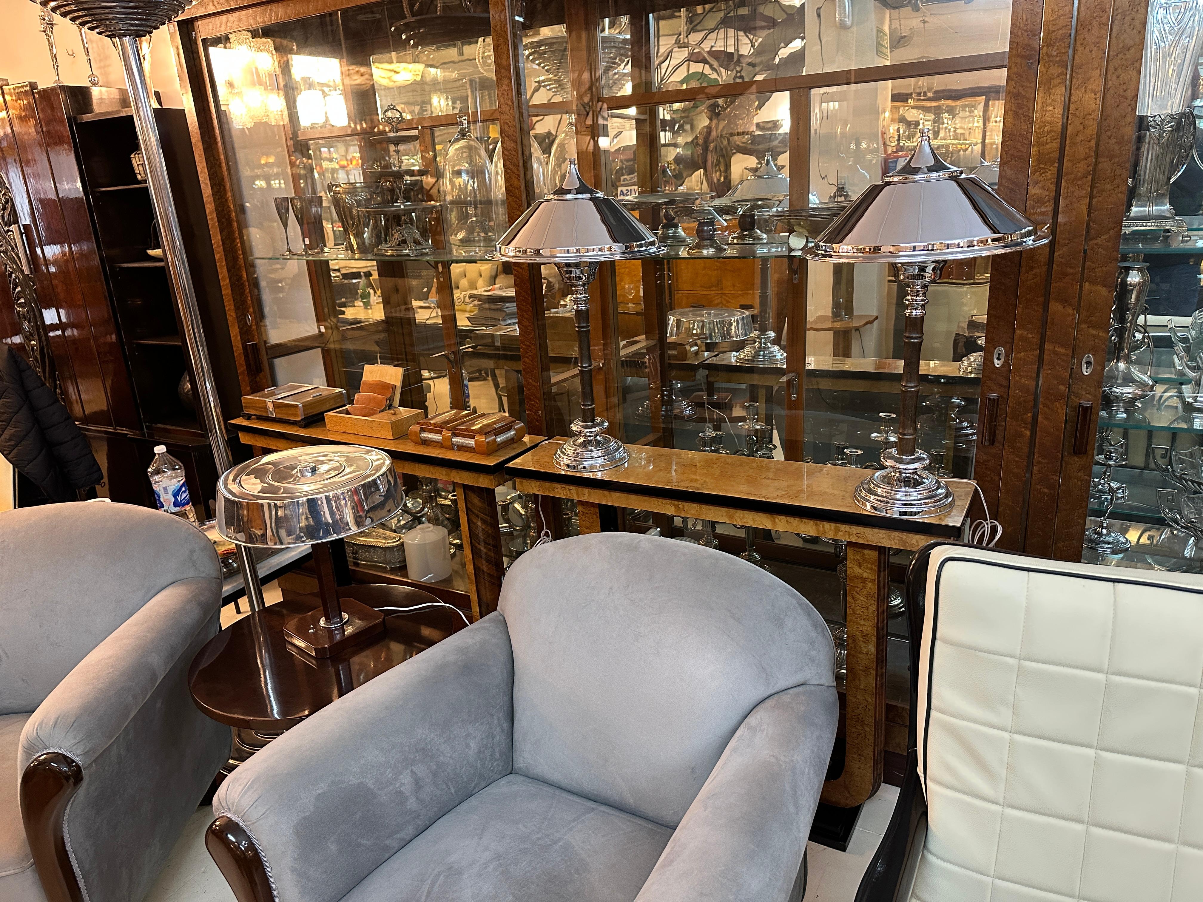 Grande coppia di lampade da tavolo Art Deco in legno e cromo, Francia in vendita 11