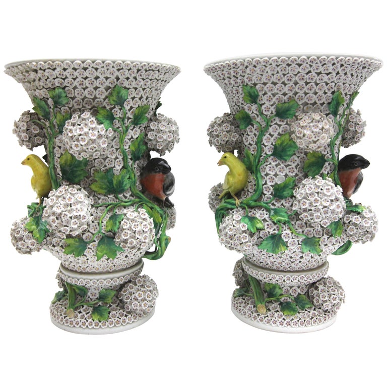 Big Pair of Meissen Porcelain Vases in Snowball Decor with Birds and