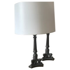 Big Pair of Neoclassical Tripod Bronze Lamps with Lions Paw, France 1925
