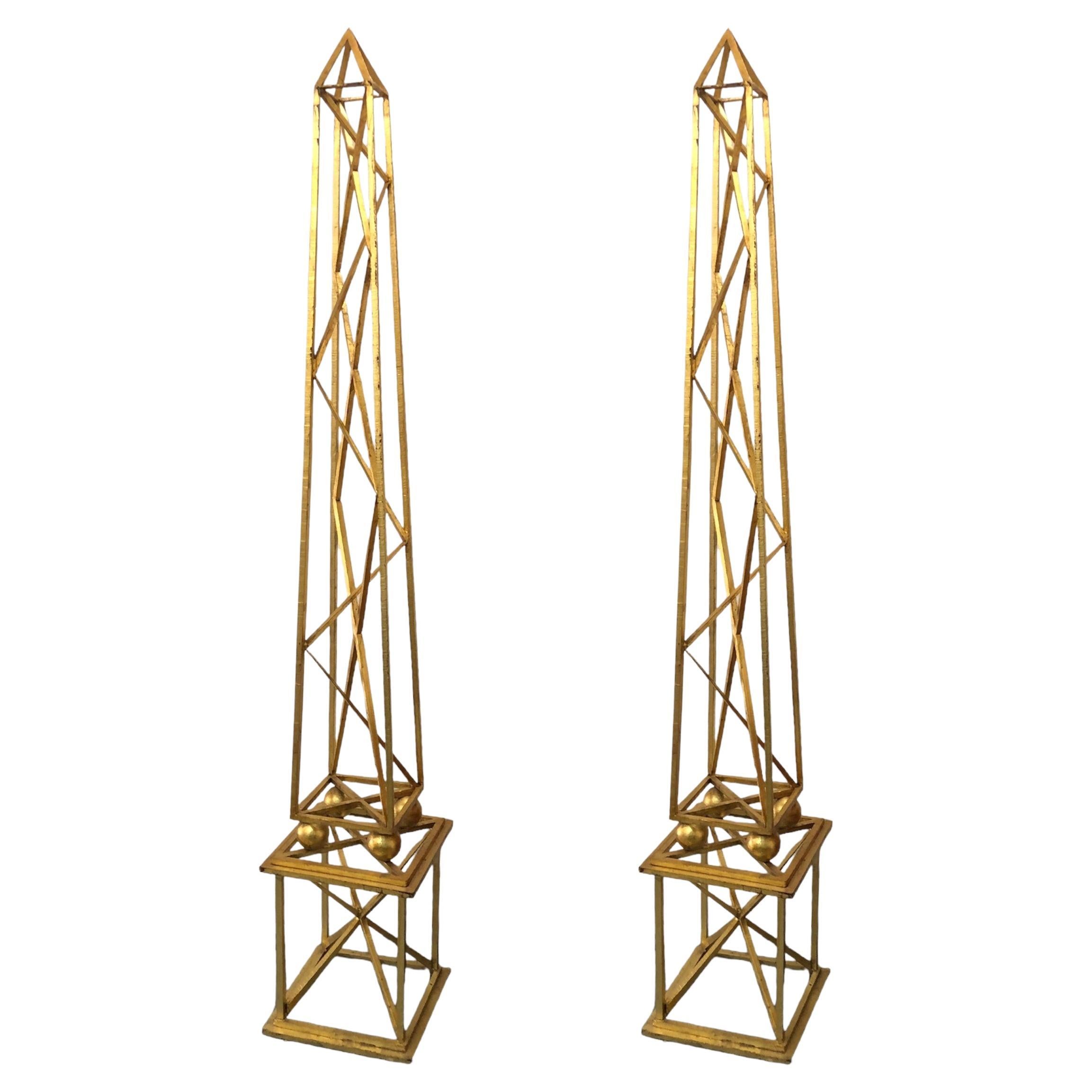 Big Pair of Obelisks, 1930 in Golden Leaf Iron , Height: 86.62 cm For Sale