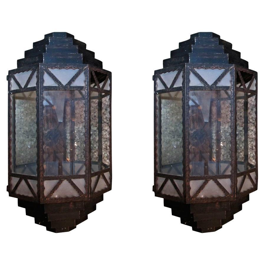 Big Pair of Sconces in Glass and Iron, French, Style: Art Deco For Sale