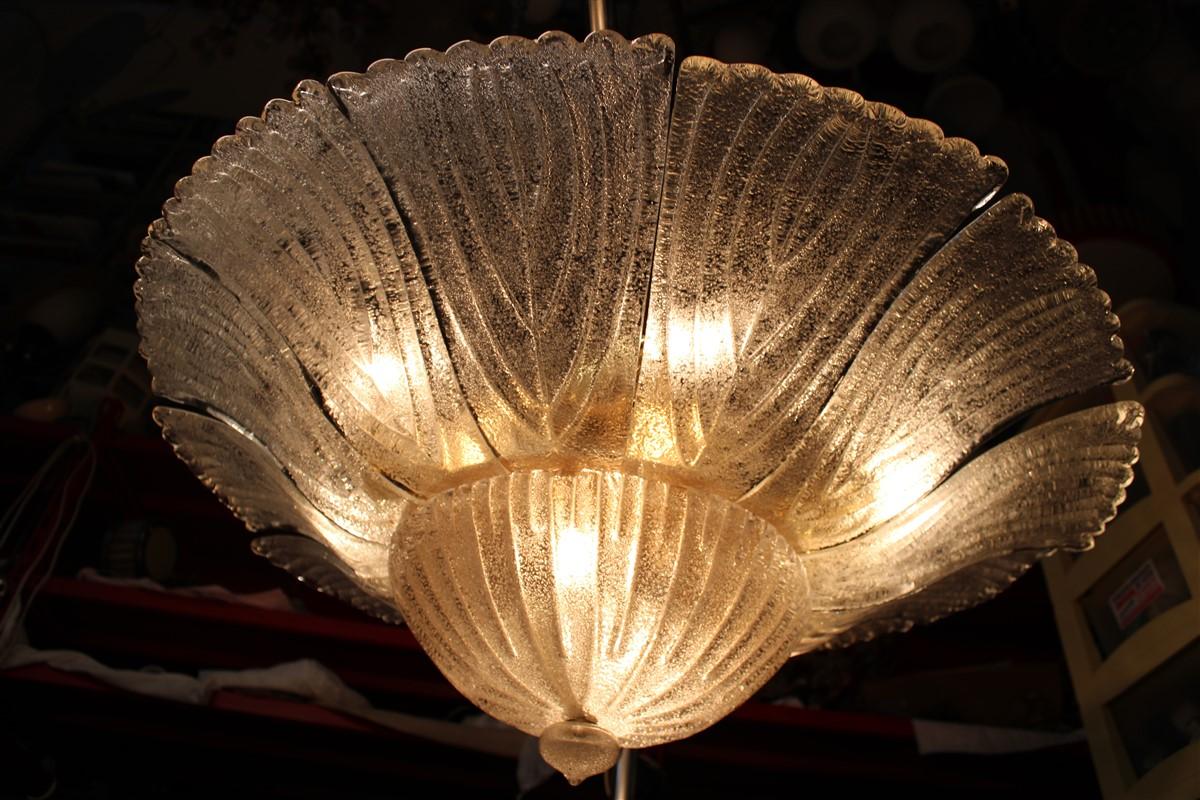 Big pair round murano ceiling lamp Italian design flowers dew glass.
Each chandelier mounts 6 light bulbs e14 max 40 watt each.
Structure golden metal.