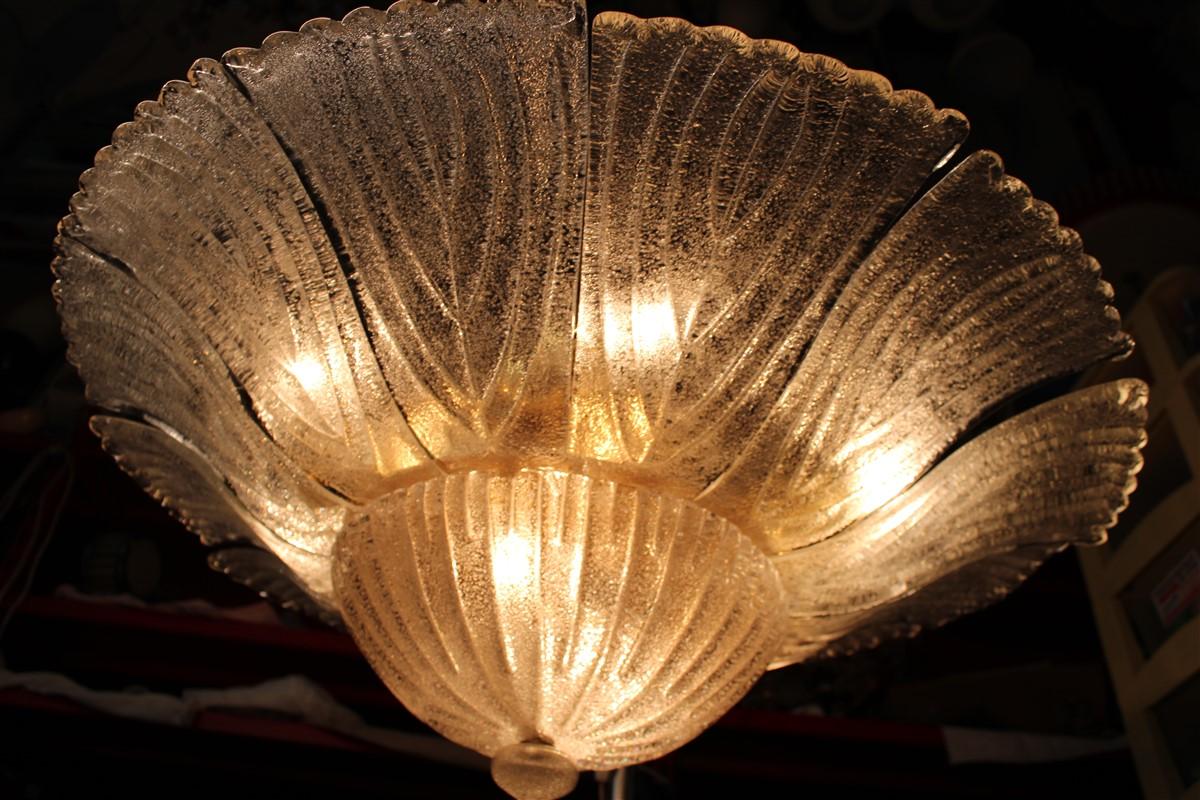 Mid-Century Modern Big Pair Round Murano Ceiling Lamp Italian Design Flowers Dew Glass Gold For Sale