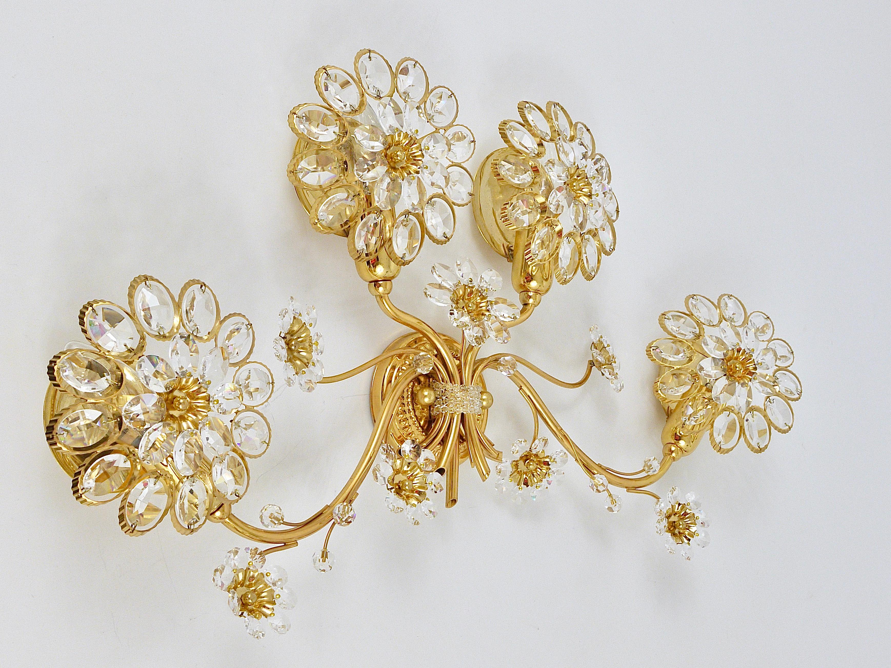 Big Ernst Palme Flowers Brass & Crystals Flower Wall Light Sconce, Palwa, 1970s For Sale 4