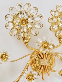 Big Ernst Palme Flowers Brass & Crystals Flower Wall Light Sconce, Palwa, 1970s