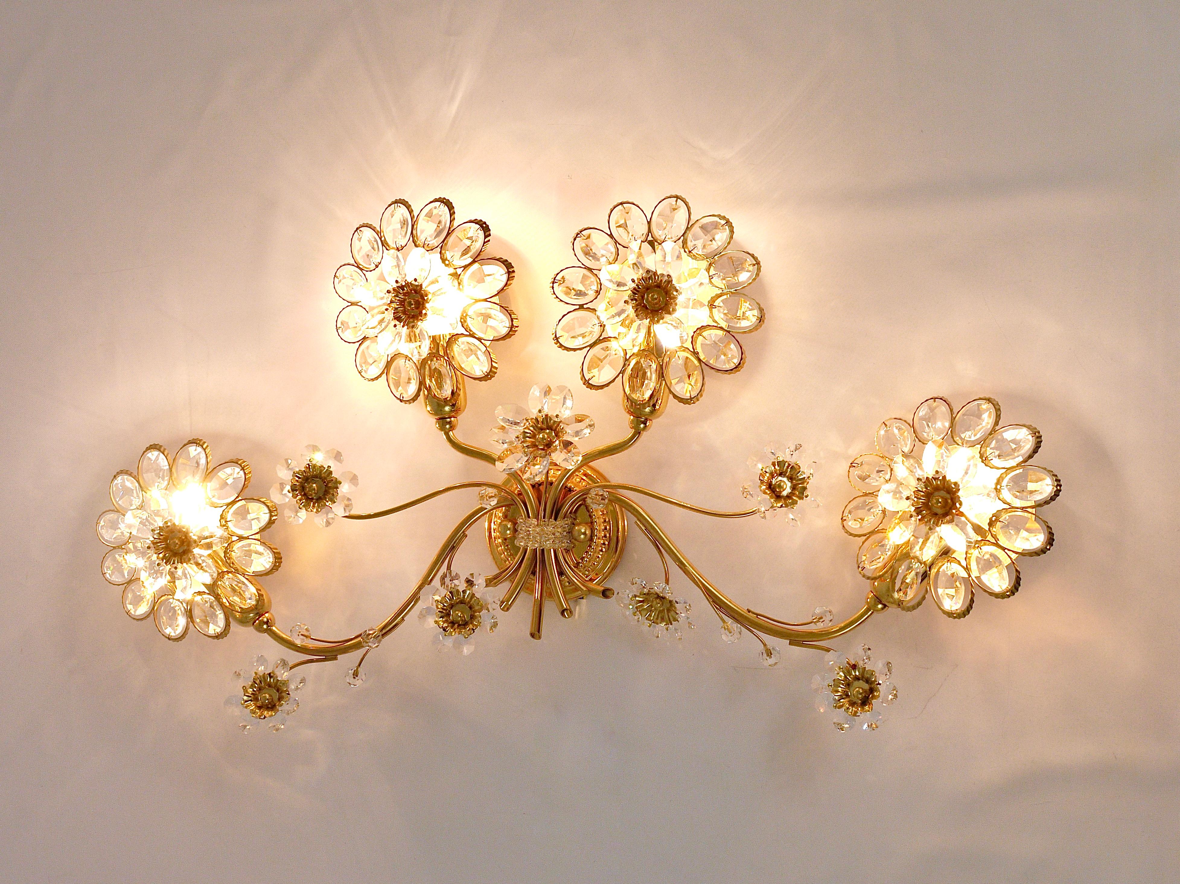 Mid-Century Modern Big Palwa Bunch of Flowers Gilt Brass Crystals Flower Wall Light Sconce, 1970s For Sale