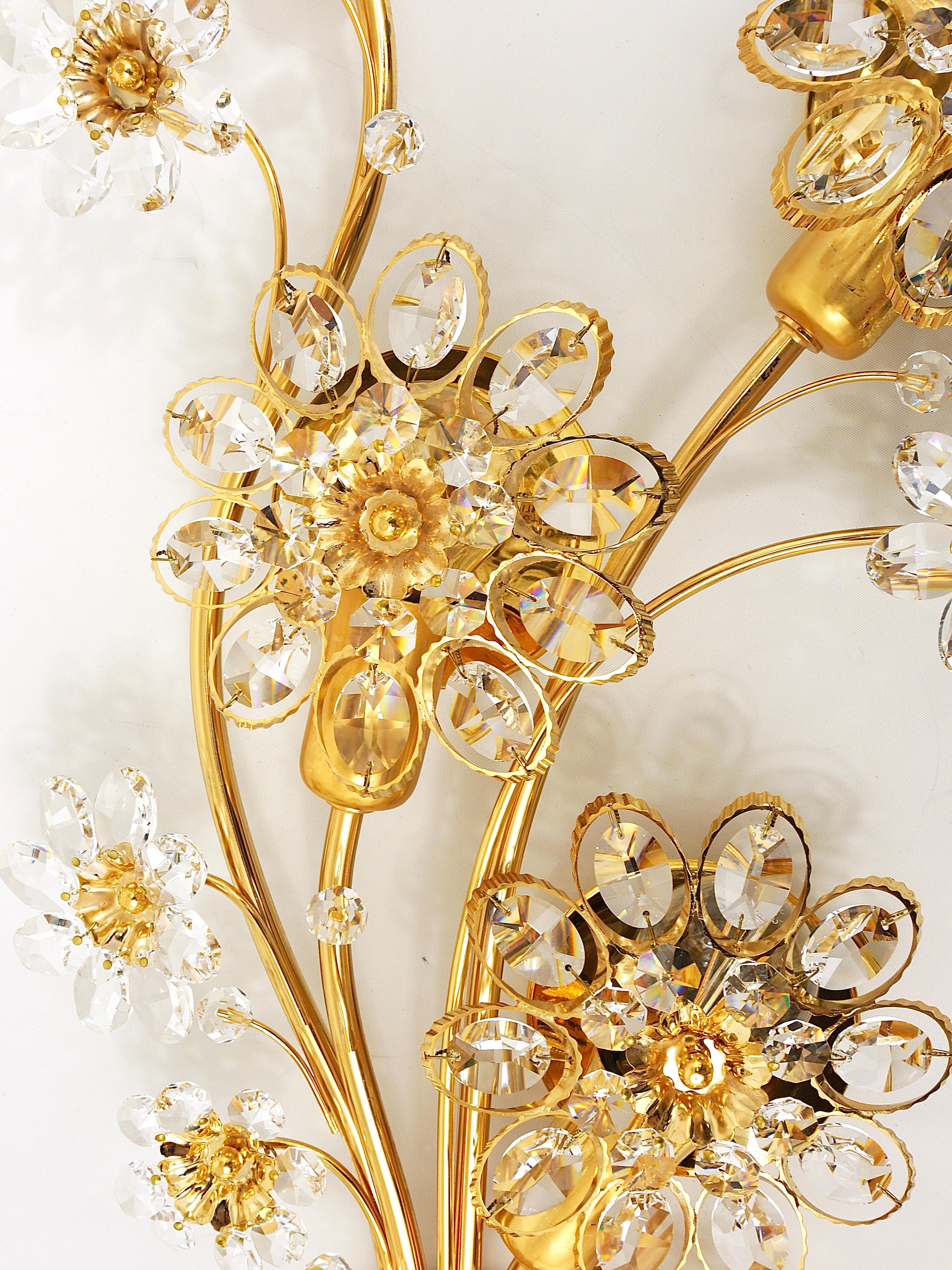 Mid-Century Modern Big Ernst Palme Palwa Floral Gilt Brass Crystals Flower Wall Light Sconce, 1970s For Sale