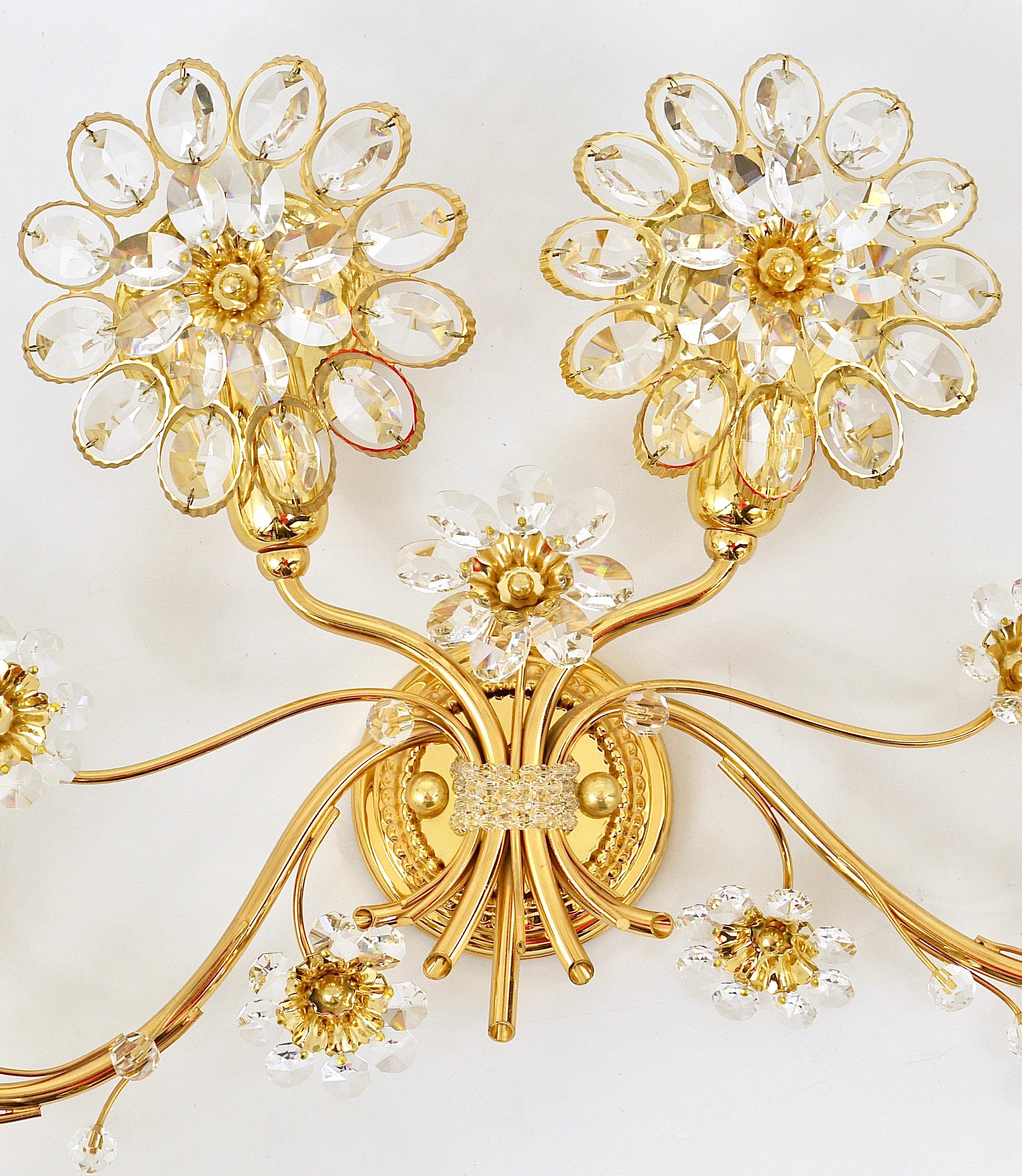 Big Palwa Bunch of Flowers Gilt Brass Crystals Flower Wall Light Sconce, 1970s For Sale 1