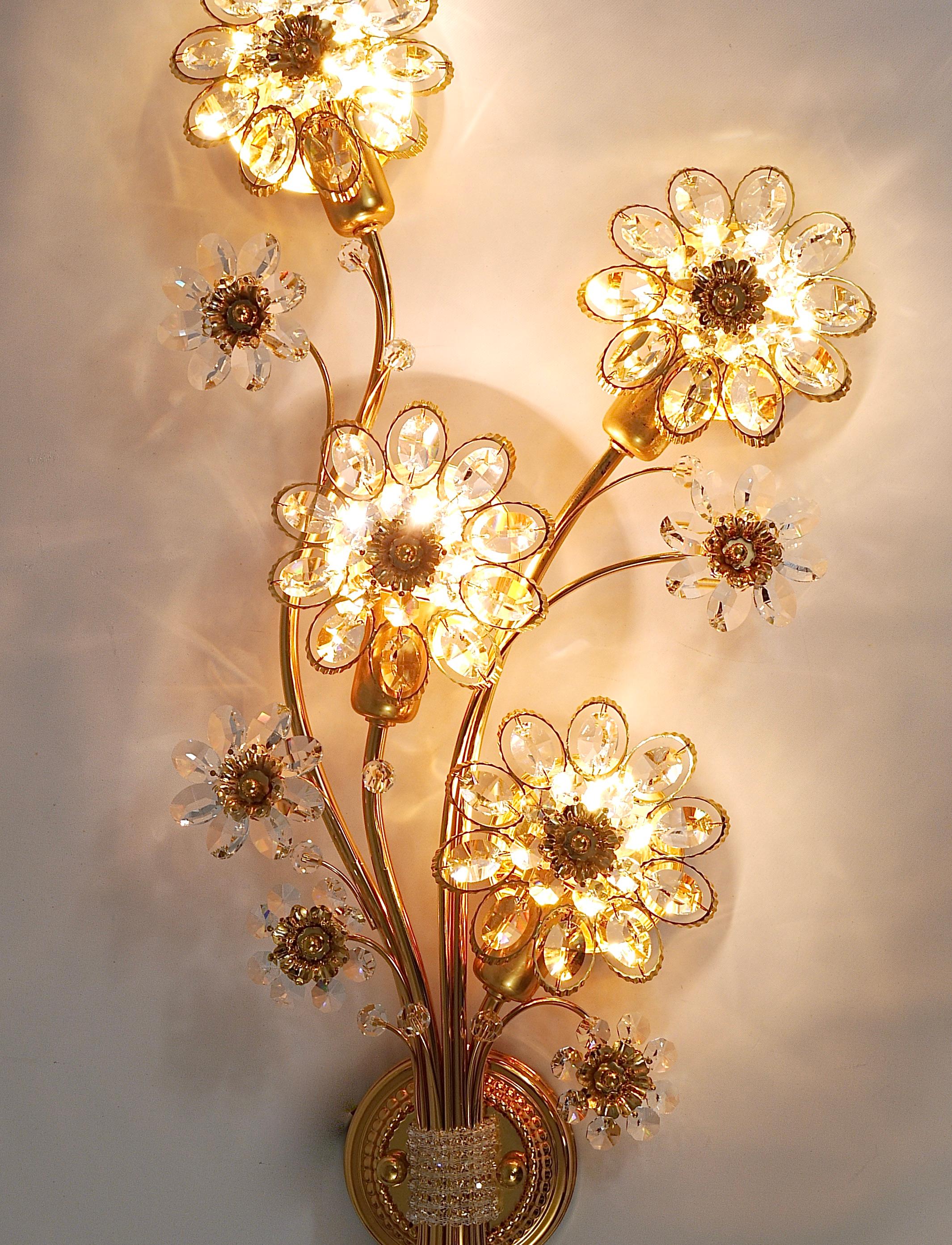 German Big Palwa Bunch of Flowers Gilt Brass Crystals Flower Wall Light Sconce, 1970s For Sale