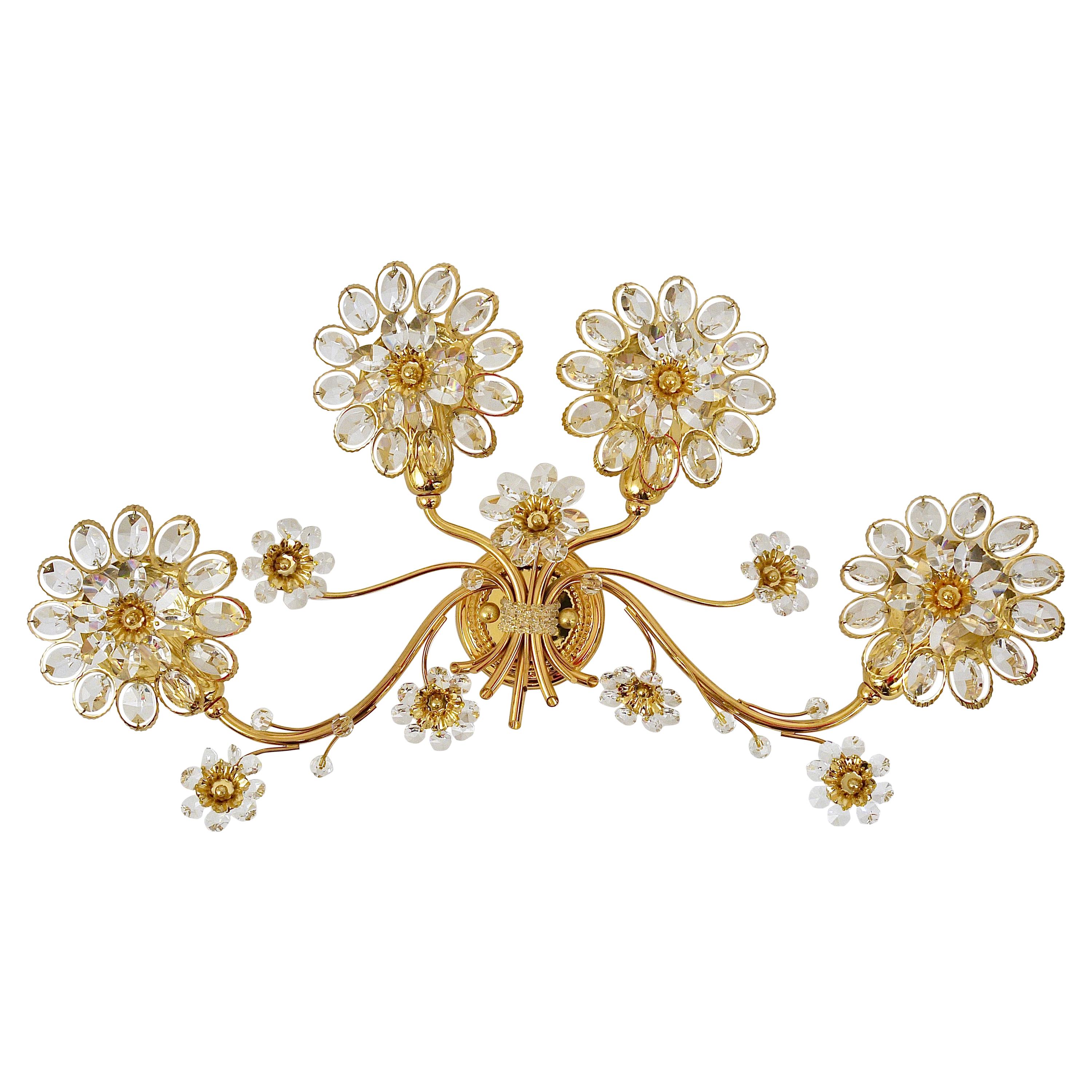 Big Palwa Bunch of Flowers Gilt Brass Crystals Flower Wall Light Sconce, 1970s For Sale