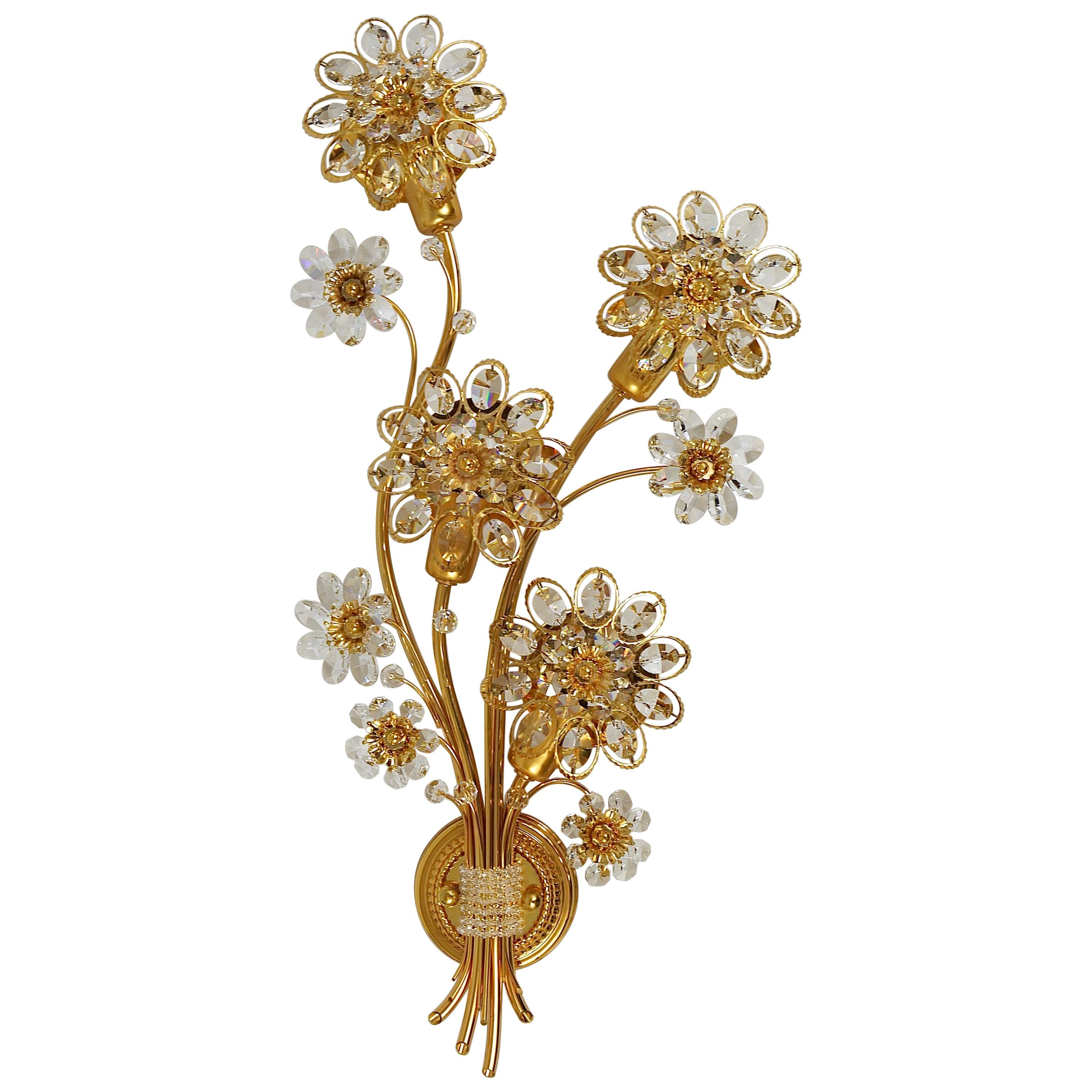 Big Palwa Bunch of Flowers Gilt Brass Crystals Flower Wall Light Sconce, 1970s For Sale