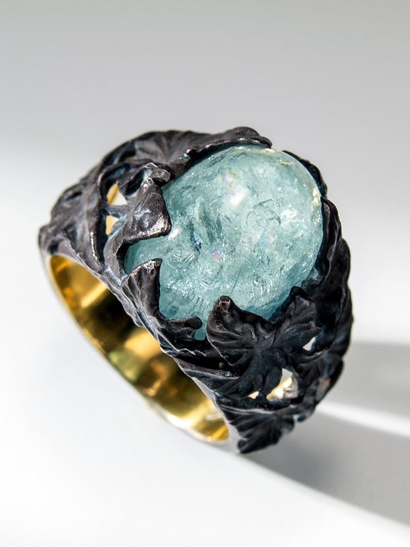 Big Aquamarine Silver Ring Blue Beryl Cabochon Ivy Collection For Sale 3