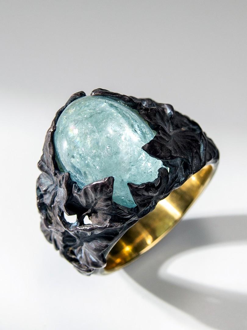 Big Aquamarine Silver Ring Blue Beryl Cabochon Ivy Collection For Sale 4