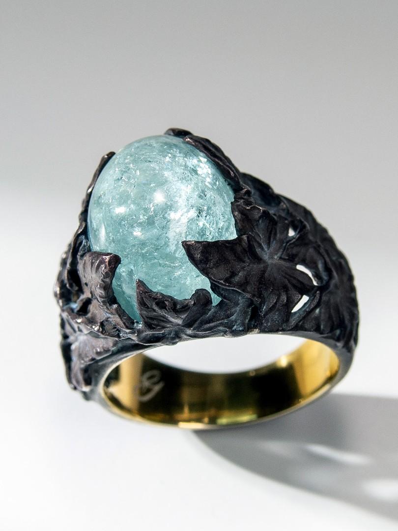 Big Aquamarine Silver Ring Blue Beryl Cabochon Ivy Collection For Sale 5