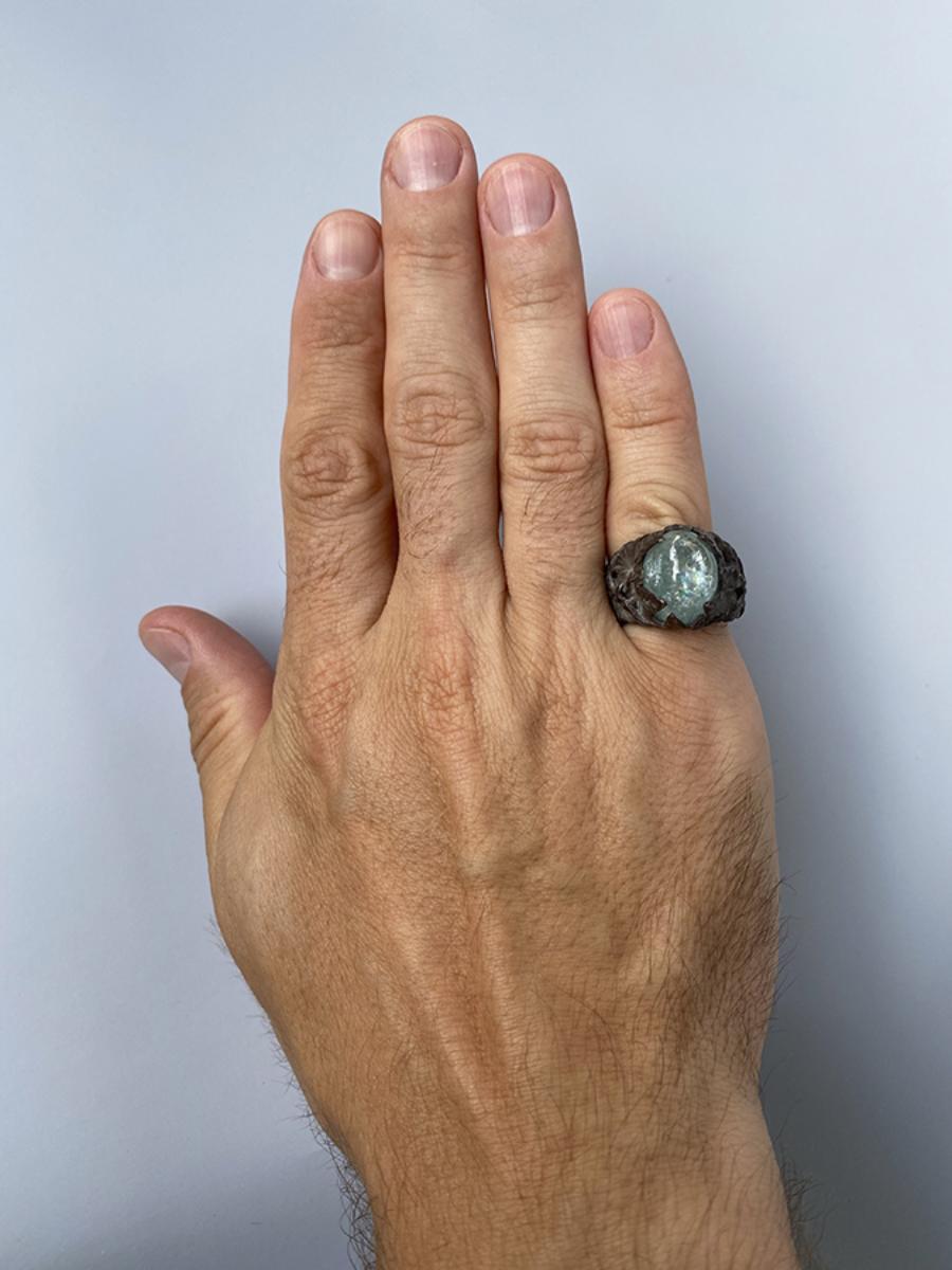 Big Aquamarine Silver Ring Blue Beryl Cabochon Ivy Collection In New Condition For Sale In Berlin, DE