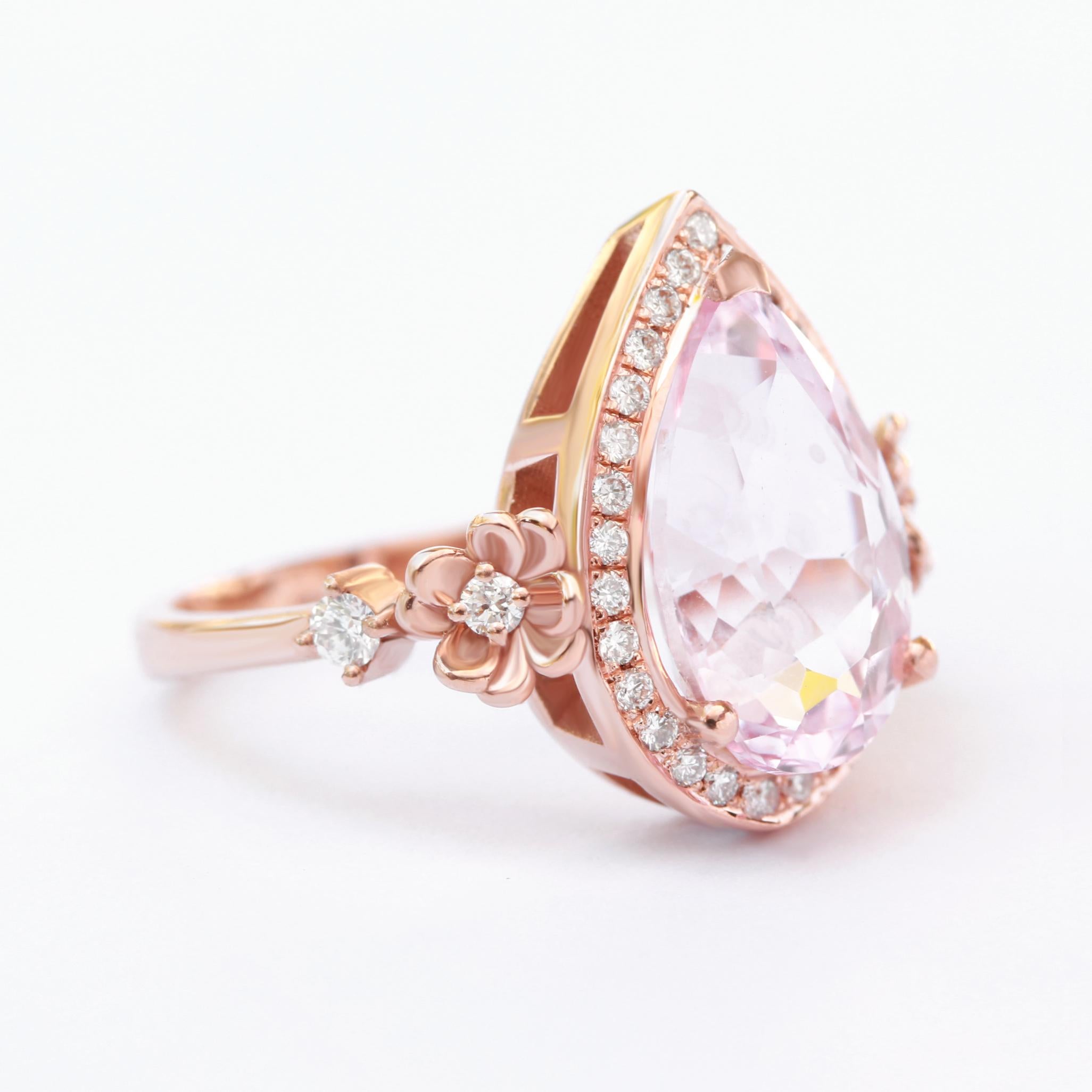 Art Deco Big Pear Morganite Diamond Halo Engagement Ring with Flower Band, Antheia For Sale