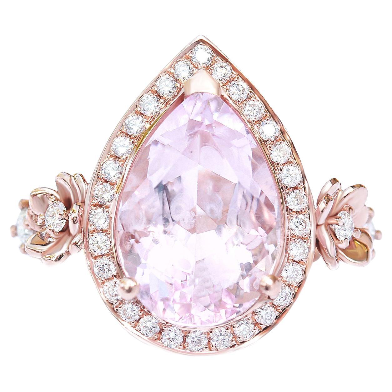 Big Pear Morganite Diamond Halo Engagement Ring with Flower Band, Antheia