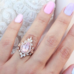 Big Pear Morganite & Two Iceland bands, Engagement Three Ring Set, Antheia