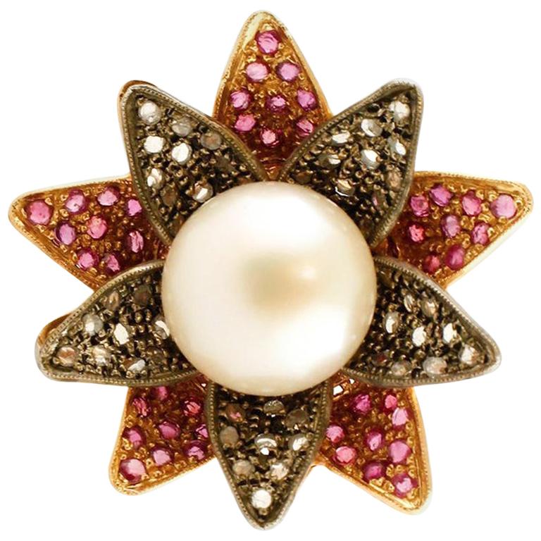Big Pearl, Diamonds, Rubies, 14 Karat Rose Gold and Silver Flower Ring For Sale