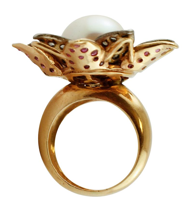 Rose Cut Big Pearl, Diamonds, Rubies, 14 Karat Rose Gold and Silver Flower Ring For Sale